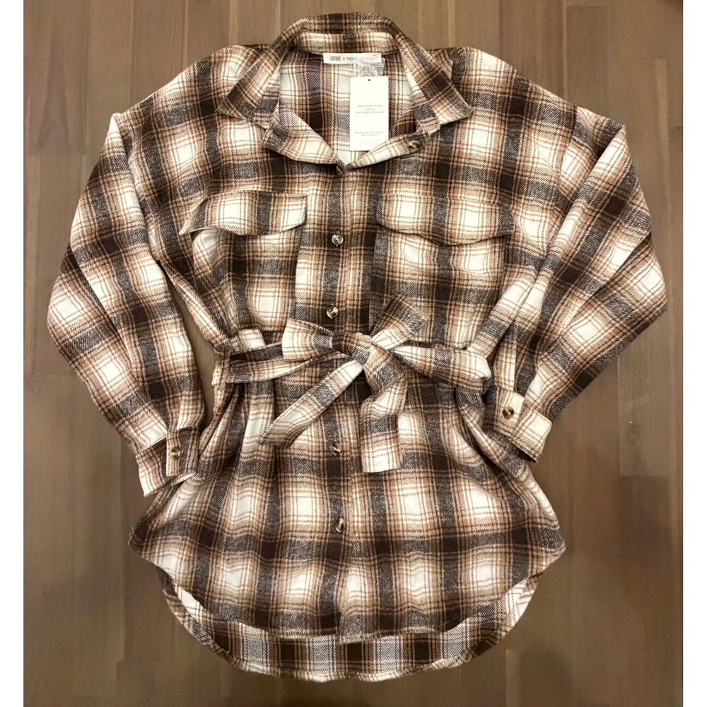 12TH TRIBE X THESALTYBLONDE Plaid Shirt Dress Belted Oversized Brown‎ White S